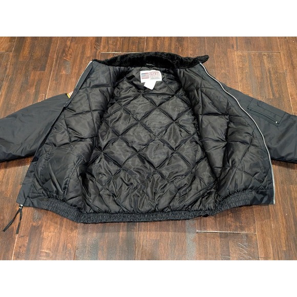 National Patrol Jacket Mens Large Black Bomber Fur Collar Quilted Flag Patch - Picture 5 of 12